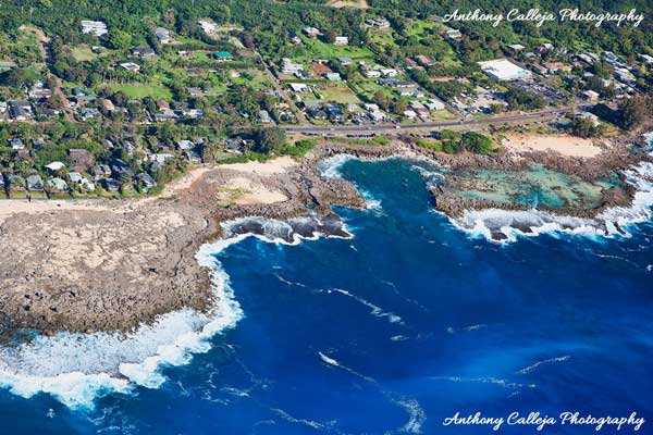 Aerial photo of Shark’s Cove, North Shore, Oahu