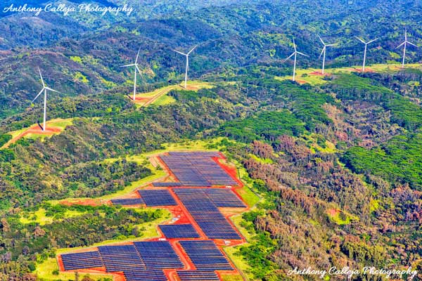 Aerial photo of a wind farm on the North Shore, Oahu, Hawaii
