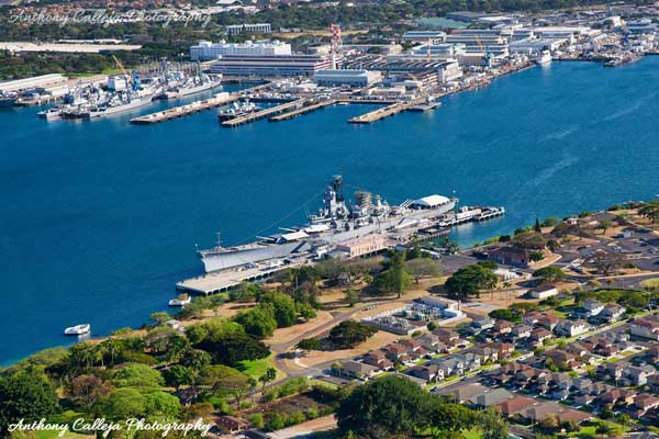 Aerial photo of USS Missouri, Pearl Harbour, Oahu