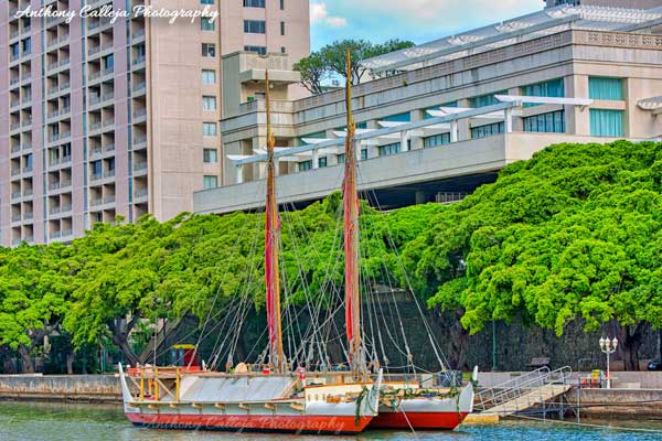 Photo of the Hokulea at the Hawaii Convention Center