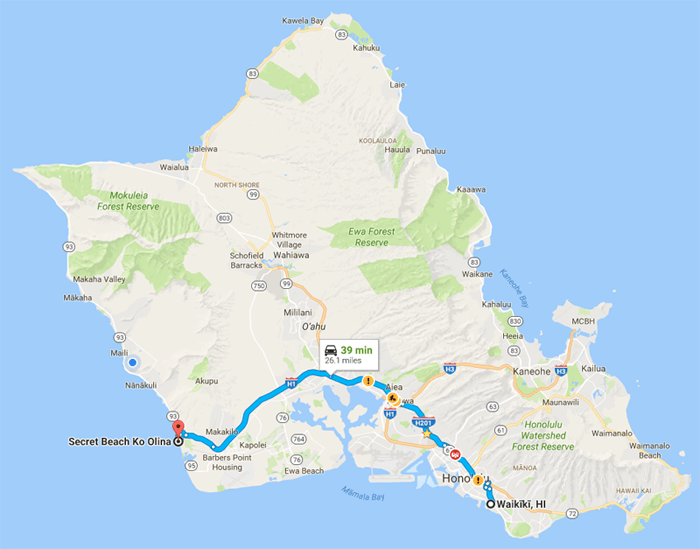 Map from Waikiki to Secet Beach