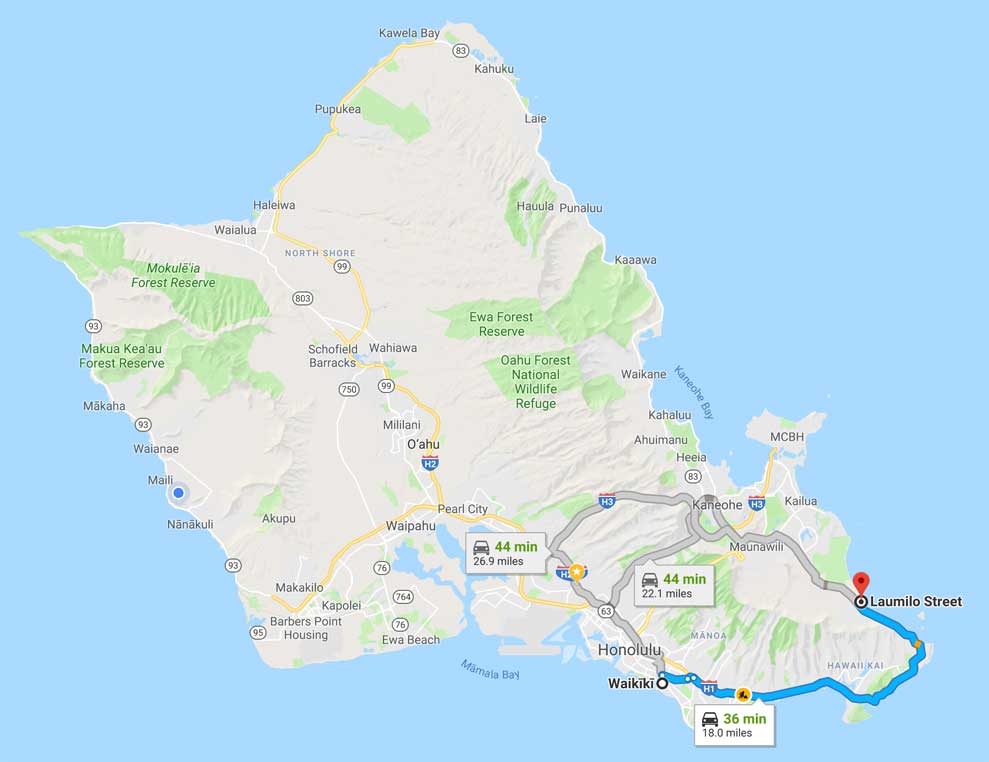 Map From Waikiki To Waimanalo Beach