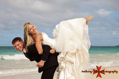 Waikiki Beach Wedding Bride and Groom at play