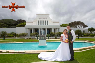 Bride and Groon in front of the LDS Temple in Laie, Hawaii