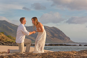 surprise proposal engagement photographer Oahu Hawaii - Image photographed at Sunset time at Yokahama Bay Beach, West Oahu