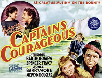 Captains Courageous: When spoiled Harvey Cheyne (Freddie Bartholomew) is suspended from boarding school, his businessman father (Melvyn Douglas) takes him to Europe on a business trip. When the rebellious lad falls overboard from the steamship, he is saved from death by humble fisherman Manuel Fidello (Spencer Tracy) and forced by the captain of the fishing schooner (Lionel Barrymore) to become a low-ranking member of the ship's crew alongside the captain's own son (Mickey Rooney).