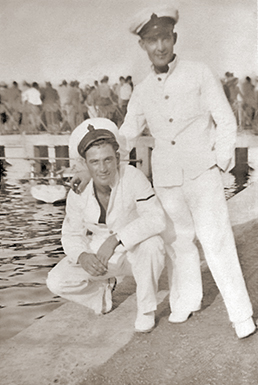 photo of my Uncle, Assistant Steward Gregory Caruana, on the left, with his friend Geovanni Brincat on the right, photographed in Suda Bay while the HMS Glorious was in Create between July 20th and July 24th, 1939. May they Rest in Peace! 