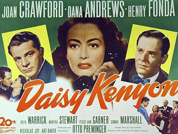 Daisy Kenyon: Daisy Kenyon (Joan Crawford) is an artist living in Manhattan. She is in love with Dan (Dana Andrews), a busy lawyer who is unhappily married to the volatile Lucille (Ruth Warrick). While Daisy waits for Dan to get a divorce, she begins seeing Peter (Henry Fonda), a veteran recently returned from World War II. After Dan leaves town for a few weeks to defend a dispossessed Japanese-American, Daisy impetuously marries Peter. When Dan returns, the complicated affairs become even more tangled. (1947)