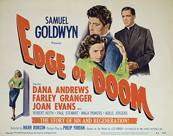 Edge of Doom: After the death of his ailing mother, Martin Lynn (Farley Granger) feels desperately alone. His only concern is that his mother receive an elegant burial. Unfortunately, Martin is also in a dire financial situation and cannot afford an expensive church service. Enraged, Martin viciously directs his frustrations at a clergyman, killing him. The impulsive act leaves Martin in an even more despondent state, though a kindly priest (Dana Andrews) may be able to guide the young man toward redemption. 1950