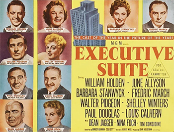 Executive Suite: A ruthless expose of the machinations of big business. A power struggle ensues when the president of a large corporation dies. Avery Bullard, President of the Tredway Corporation left no instructions as to who should take his place, and the board is having difficulties deciding who the job should go to, Loren Shaw, the corporate shark, or Don Walling, the genius engineer. (1954)