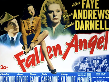 Fallen Angel: An unemployed drifter, Eric Stanton (Dana Andrews) wanders into a small California town and begins hanging around the local diner. While Eric falls for the lovely waitress Stella (Linda Darnell), he also begins romancing a quiet and well-to-do woman named June Mills (Alice Faye). Since Stella isn't interested in Eric unless he has money, the lovelorn guy comes up with a scheme to win her over, and it involves June. Before long, murder works its way into this passionate love triangle. 1945