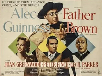 Father Brown: When amateur detective Father Brown (Alec Guinness) is put in charge of shipping an extremely valuable religious artifact -- a crucifix -- from London to Rome, a master thief and master of disguise named Flambeau (Peter Finch) outwits the young priest and steals the cross for himself. Now Father Brown must track down Flambeau, try to reclaim the crucifix and also convince Flambeau not only to abandon his criminal career but also to save his immortal soul. (1954)