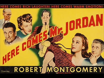 Here Comes Mr. Jordan: Boxer Joe Pendleton (Robert Montgomery) is killed in a plane crash on the way to a championship fight. Unfortunately, Joe wasn't supposed to die and is brought up to heaven too soon by an overeager angel (Edward Everett Horton). The angel's boss, Mr. Jordan (Claude Rains), sends Joe back to earth in the body of a murdered playboy to straighten out his life and resume his boxing career. Along the way, he meets an idealistic young woman (Evelyn Keyes) and falls head over heels in love.