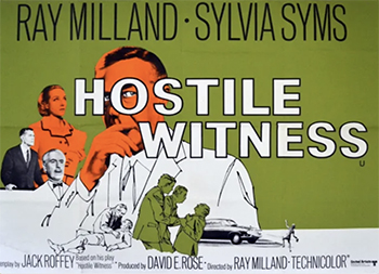Hostile Witness: A highly regarded English lawyer, Simon Crawford (Ray Milland) is devastated when he finds out that his daughter has been killed in a hit-and-run accident. The driver is still at large, and Crawford becomes obsessed with tracking the person down. After a surprising turn of events, Crawford is put on trial for the death of a neighbor, who also happened to be a judge. Initially represented by a younger lawyer, Crawford eventually defends himself in court, despite not having an alibi. (1968) 