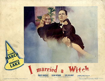 I Married a Witch: Just as she is about to be burned at the stake for witchcraft, 17th century witch Jennifer (Veronica Lake) casts a curse on the family of her accuser, dooming all the men of future generations to marry the wrong women. Freed from her ethereal prison some 250 years later, Jennifer decides to make the most recent descendant of her accuser (Fredric March) even more miserable by using a love potion on him that makes him fall in love with her, a plan that has unexpected results.