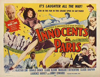 Innocents in Paris: For a brief weekend, Paris is a playground for a random collection of tourists from Great Britain. They range from a young girl and an elderly artist (Margaret Rutherford) to a boozy Englishman (Jimmy Edwards) and a hardened diplomat. Their experiences --- both amorous and otherwise --- are revealed in a series of vignettes, which include the young girl's new romance with a Frenchman, the elderly artist's search for the Mona Lisa and the Englishman's prolonged stay at a local pub.