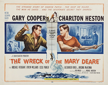 The Wreck of the Mary Deare:  When ship captain John Sands (Charlton Heston) encounters the Mary Deare, an apparently abandoned ship, on the open seas, he hopes to salvage the wreck. Boarding the vessel, however, Sands finds that the Mary Deare's captain, Gideon Patch (Gary Cooper), is still aboard the ship, behaving strangely and clearly not well. After the damaged craft sinks, Sands and Patch attempt to prove to a court that the ship was sabotaged, but shocking revelations eventually come to light. 1959