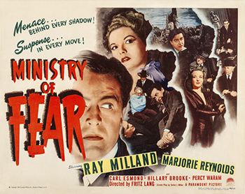 Ministry of Fear: Fresh from a two-year stint in a mental institution for the alleged "mercy killing" of his ailing wife, Stephen Neale (Ray Milland) visits a carnival where he wins a cake by guessing its weight. The cake, however, contains a microfilm sought after by Nazi spies, and Stephen soon finds himself a target. On the run and unsure of whom to trust, he enlists the help of a private detective (Erskine Sanford), a beautiful woman (Marjorie Reynolds) and an inspector from Scotland Yard (Percy Waram). (1944)