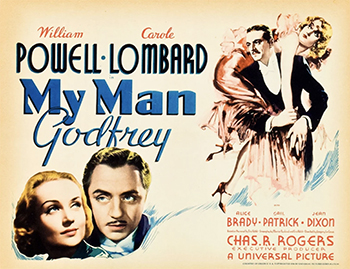 My Man Godfrey: Fifth Avenue socialite Irene Bullock needs a forgotten man to win a scavenger hunt, and no one fits that description more than Godfrey Park, who resides in a dump by the East River. Irene hires Godfrey as a servant for her riotously unhinged family, to the chagrin of her spoiled sister, Cornelia, who tries her best to get Godfrey fired. As Irene falls for her new butler, Godfrey turns the tables and teaches the frivolous Bullocks a lesson or two.