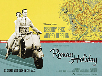 Roman Holiday: Overwhelmed by her suffocating schedule, touring European princess Ann (Audrey Hepburn) takes off for a night while in Rome. When a sedative she took from her doctor kicks in, however, she falls asleep on a park bench and is found by an American reporter, Joe Bradley (Gregory Peck),who takes her back to his apartment for safety. At work the next morning, Joe finds out Ann's regal identity and bets his editor he can get exclusive interview with her, but romance soon gets in the way.