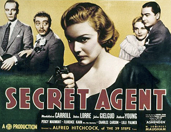 Secret Agent: British intelligence fakes the death of Edgar Brodie (John Gielgud) to send him on a mission in Switzerland, where as Richard Ashendon he is to locate and kill a Germany spy. Accompanying Brodie are fellow agents Elsa Carrington (Peter Lorre), who is to play Brodie's wife, and an eccentric assassin known as The General (Madeleine Carroll). Locating the spy on a train, Brodie and Elsa have second thoughts about their mission just as an American (Robert Young) ingratiates himself with them. (1936)