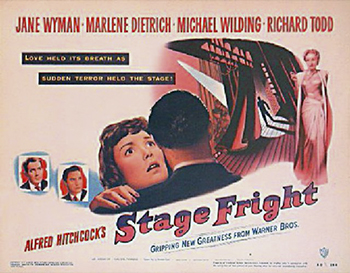 Stage Fright: The police think actor Jonathan Cooper (Richard Todd) is a murderer, and now they're on his tail. He asserts that it was his lover, the famous actress Charlotte Inwood (Marlene Dietrich), who killed the victim (not coincidentally, her husband). He seeks shelter with his ex-girlfriend Eve (Jane Wyman), a budding actress. Convinced Jonathan is innocent, Eve plays detective and assumes multiple disguises. But once she is entangled in a web of deception, she fears everyone in fact wears a mask.
