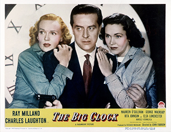 The Big Clock: Anticipating a much-needed vacation from Earl Janoth (Charles Laughton), his abusive boss, magazine editor George Stroud (Ray Milland) finally reaches a breaking point when Janoth insists he skip his honeymoon and go out of town on assignment. Stroud resigns and finds solace over multiple drinks with his boss' unhappy mistress, Pauline York (Rita Johnson), at a local bar. Together they come up with a half-inebriated plot to embarrass Janoth -- but the plan takes an unexpected turn toward murder. (1948)