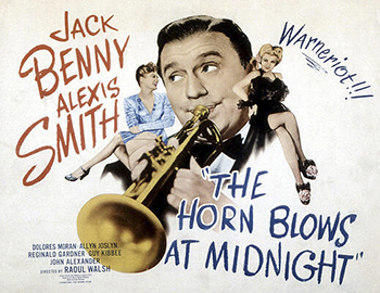 The Horn Blows at Midnight: A trumpet player in a radio orchestra (Jack Benny) falls asleep during a commercial and dreams he's the angel Athanael. The beautiful angel Elizabeth (Alexis Smith) delivers Athanael to the head of heaven's orchestra, where he's told to return to earth and blow his trumpet at midnight, thus marking the end of the world. When he fails his assignment, he becomes a fallen angel, and though he's given a second chance, his fellow fallen angels conspire to keep him from completing his mission.