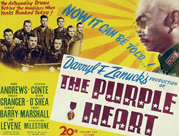 The Purple Heart: In 1942, Air Force Capt. Harvey Ross (Dana Andrews) flies his B-25 bomber and crew during a crucial bombing raid on Tokyo, but their plane is shot down and they parachute into Japanese captivity. Ross, Lt. Canelli (Richard Conte), Sgt. Clinton (Farley Granger) and the rest of the tight-knit crew are put through an illegal civil trial before a triumvirate of Japanese judges. When secretly offered their lives in exchange for vital military information, the crew must make a unanimous decision. 1944