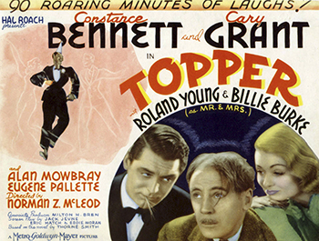 Topper: George (Cary Grant) and Marion Kerby (Constance Bennett) are a young, happy-go-lucky couple who love to party. But after a car accident kills them both, they discover that they haven't done enough good deeds to earn a trip to heaven. To remedy this problem, they decide to help their old uptight boss, Cosmo Topper (Roland Young), live a little. While Topper begins to take their ghostly advice and enjoy life for a change, his controlling wife finds her husband's laid-back behavior infuriating.