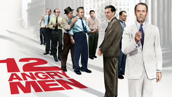 12 ANGRY MEN: Following the closing arguments in a murder trial, the 12 members of the jury must deliberate, with a guilty verdict meaning death for the accused, an inner-city teen. As the dozen men try to reach a unanimous decision while sequestered in a room, one juror (Henry Fonda) casts considerable doubt on elements of the case. Personal issues soon rise to the surface, and conflict threatens to derail the delicate process that will decide one boy's fate.1957
