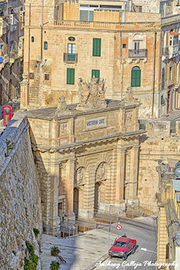 Victoria Gate (Maltese: Il-Bieb Victoria, Italian: Porta Victoria or Porta Vittoria) is a city gate in Valletta, Malta. It was built by the British in 1885, and was named after Queen Victoria. The gate is the main entrance into the city from the Grand Harbour area, which was once the busiest part of the city. The gate is located between Marina Curtain and St. Barbara Bastion, on the site of the 16th-century Del Monte Gate.