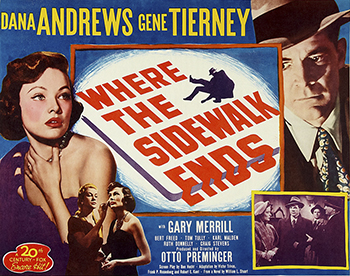 Where the Sidewalk Ends: Ashamed that his father lived a life of crime, hard-boiled New York City cop Mark Dixon (Dana Andrews) has a reputation for being too tough on criminals. So when Dixon unintentionally kills a murder suspect during a routine questioning, he hides the fact from the department and tries to pin the killing on his nemesis, notorious gangster Scalise (Gary Merrill). The snag in the cop's plan comes when his boss wrongly accuses the father of Dixon's love interest, Morgan (Gene Tierney), of the murder. 1950