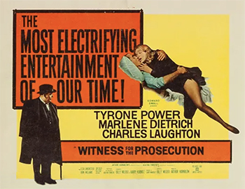 Witness for the Prosecution: The affable Leonard Vole (Tyrone Power) is being tried for the murder of a wealthy woman, and legendary lawyer Sir Wilfrid Robarts (Charles Laughton) has chosen to represent him. Unfortunately, Leonard's alibi depends on the testimony of his callous wife, Christine (Marlene Dietrich) -- who, after the discovery of a legal loophole, makes the shocking decision to appear in court against him. To Sir Wilfrid's surprise, this is only the first in a series of puzzling revelations and reversals.